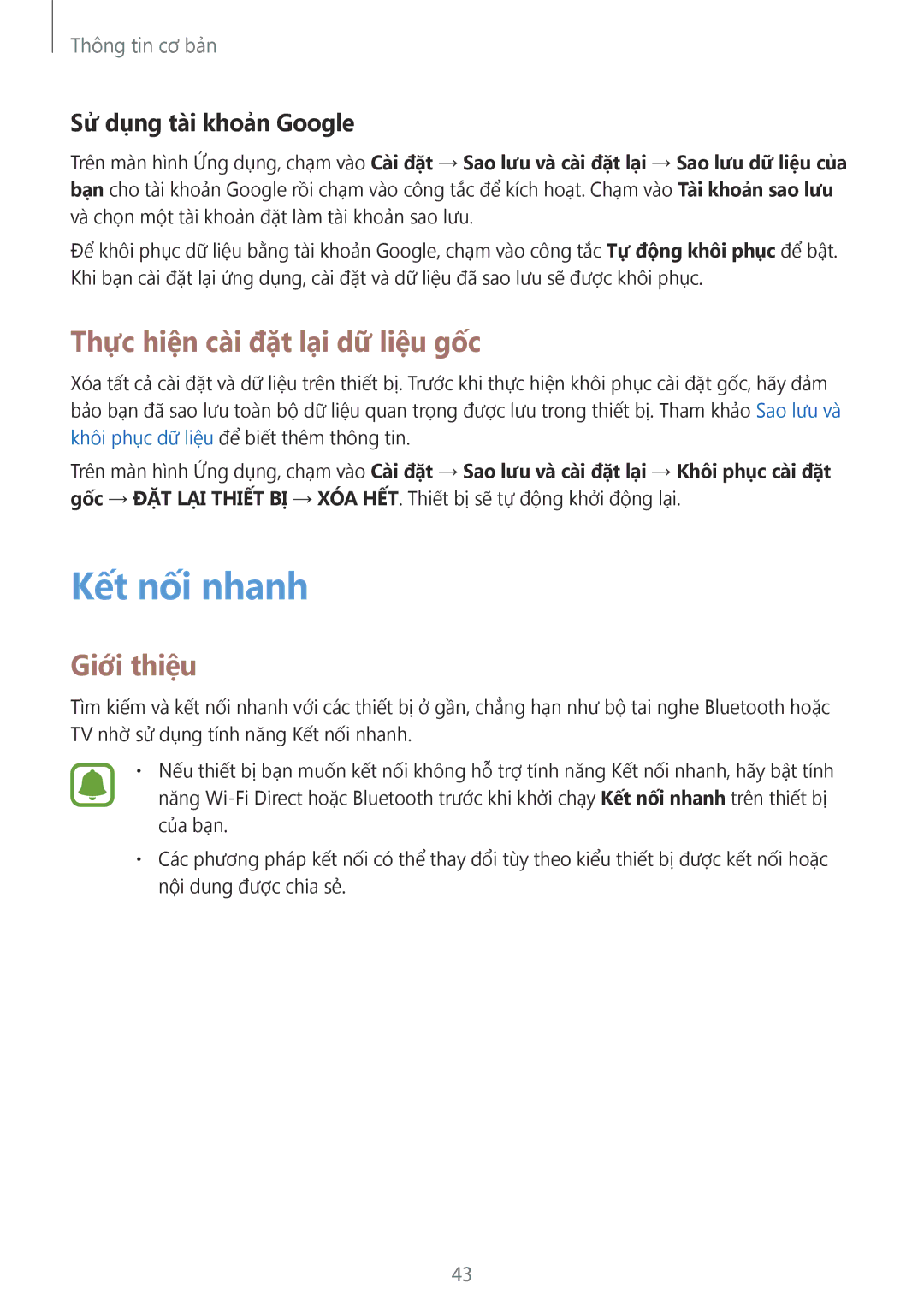 Samsung SM-T715YZDEXXV, SM-T715YZKEXXV manual Kết nối nhanh, Thực hiện cà̀i đặt lại dữ liệu gốc, Sử dụng tà̀i khoản Google 