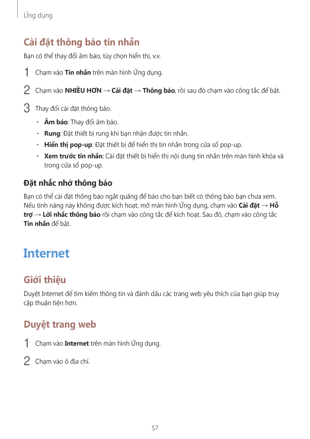 Samsung SM-T815YZDEXXV, SM-T715YZKEXXV manual Internet, Cà̀i đặt thông báo tin nhắn, Duyệt trang web, Đặt nhắc nhở thông báo 
