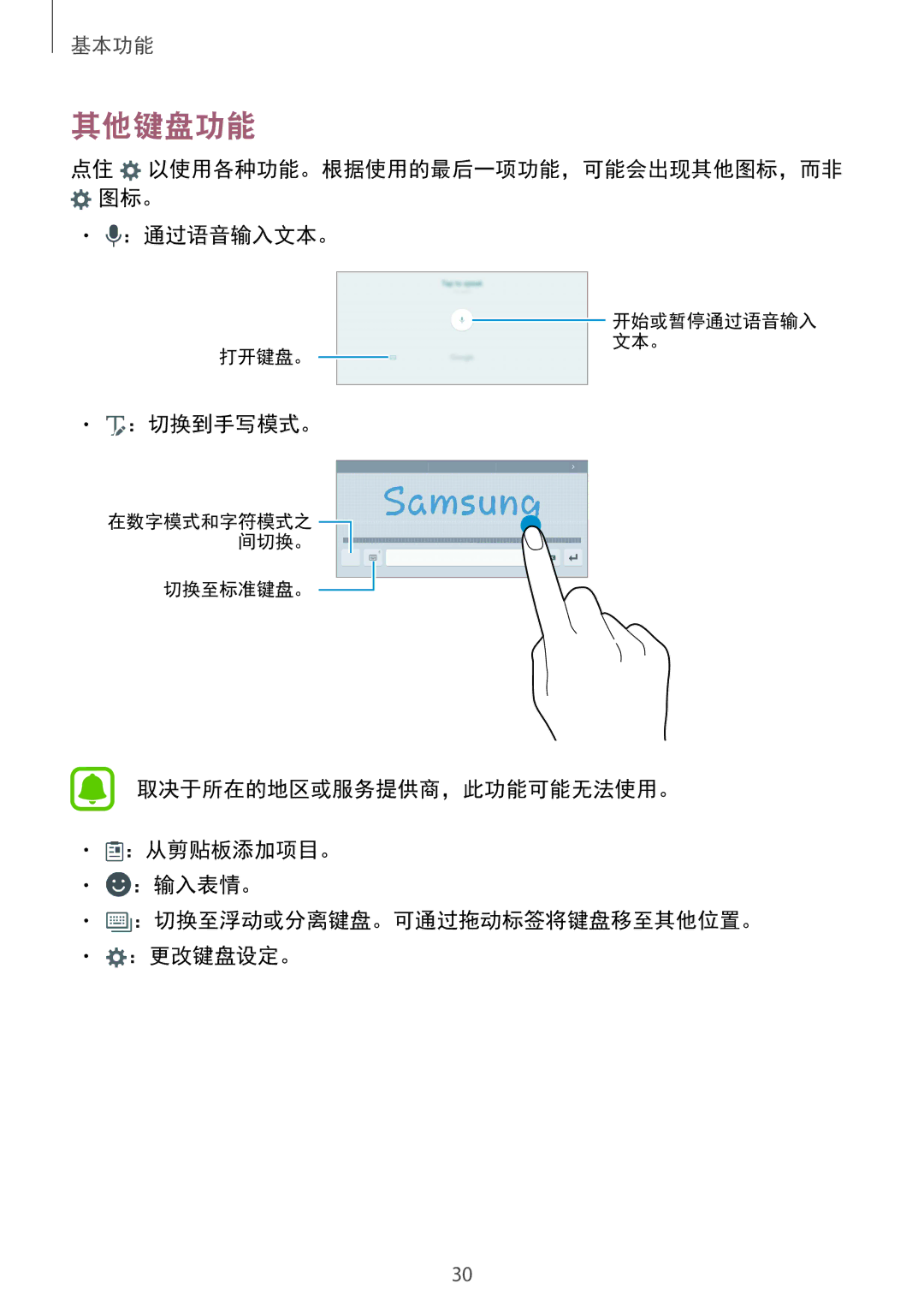 Samsung SM-T715YZKEXXV, SM-T715YZDEXXV manual 其他键盘功能, 点住 以使用各种功能。根据使用的最后一项功能，可能会出现其他图标，而非 图标。 ：通过语音输入文本。, ：切换到手写模式。 