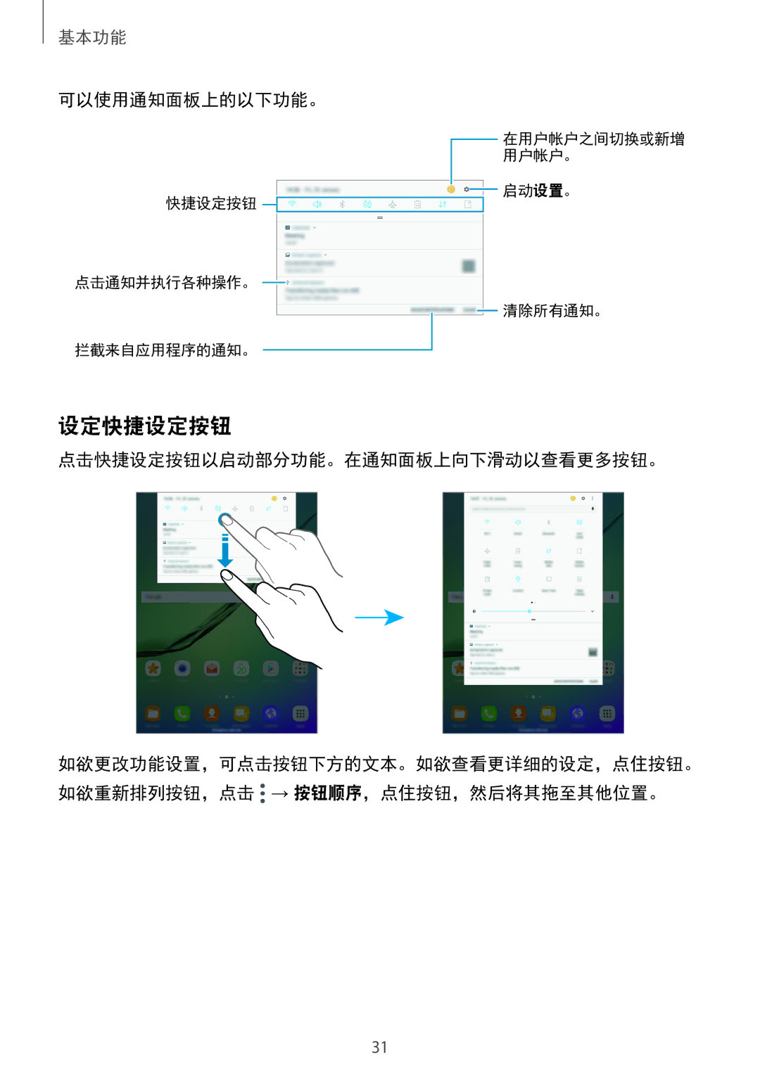 Samsung SM-T715YZDEXXV, SM-T715YZKEXXV, SM-T715YZWEXXV manual 设定快捷设定按钮, 可以使用通知面板上的以下功能。 