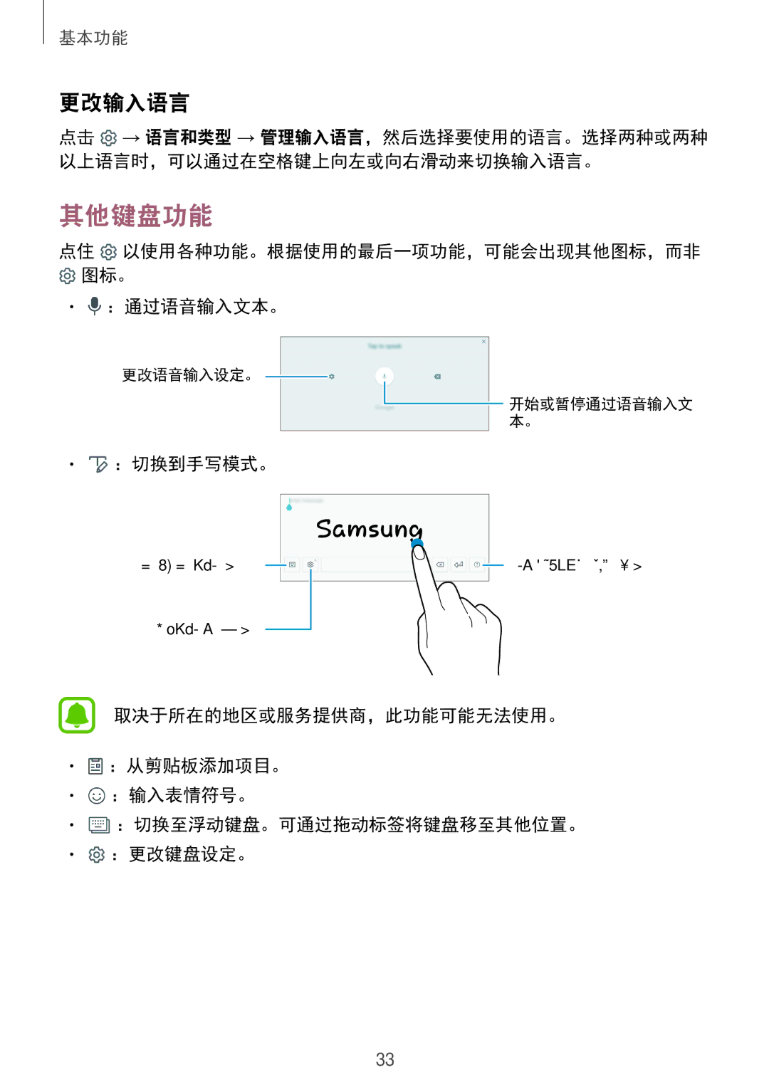 Samsung SM-T715YZKEXXV, SM-T715YZDEXXV, SM-T715YZWEXXV manual 其他键盘功能, 更改输入语言, ：通过语音输入文本。, ：切换到手写模式。 