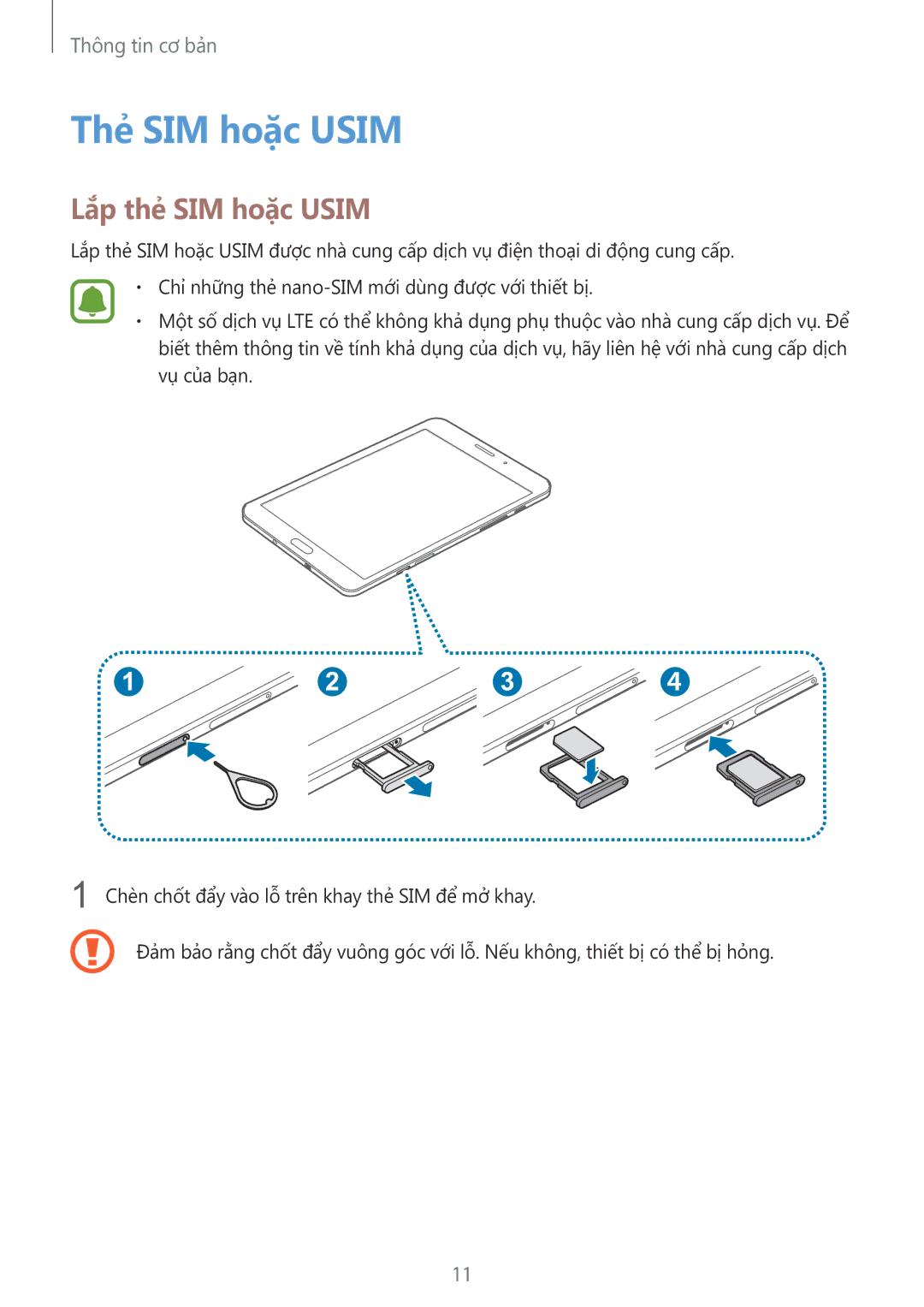 Samsung SM-T715YZWEXXV, SM-T715YZKEXXV, SM-T715YZDEXXV manual Thẻ SIM hoặc Usim, Lắp thẻ SIM hoặc Usim 