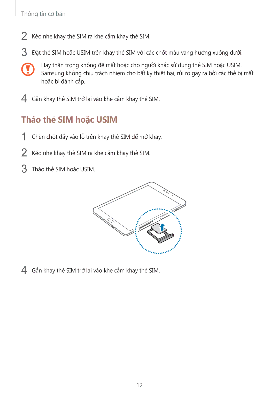 Samsung SM-T715YZKEXXV, SM-T715YZDEXXV, SM-T715YZWEXXV manual Tháo thẻ SIM hoặc Usim 