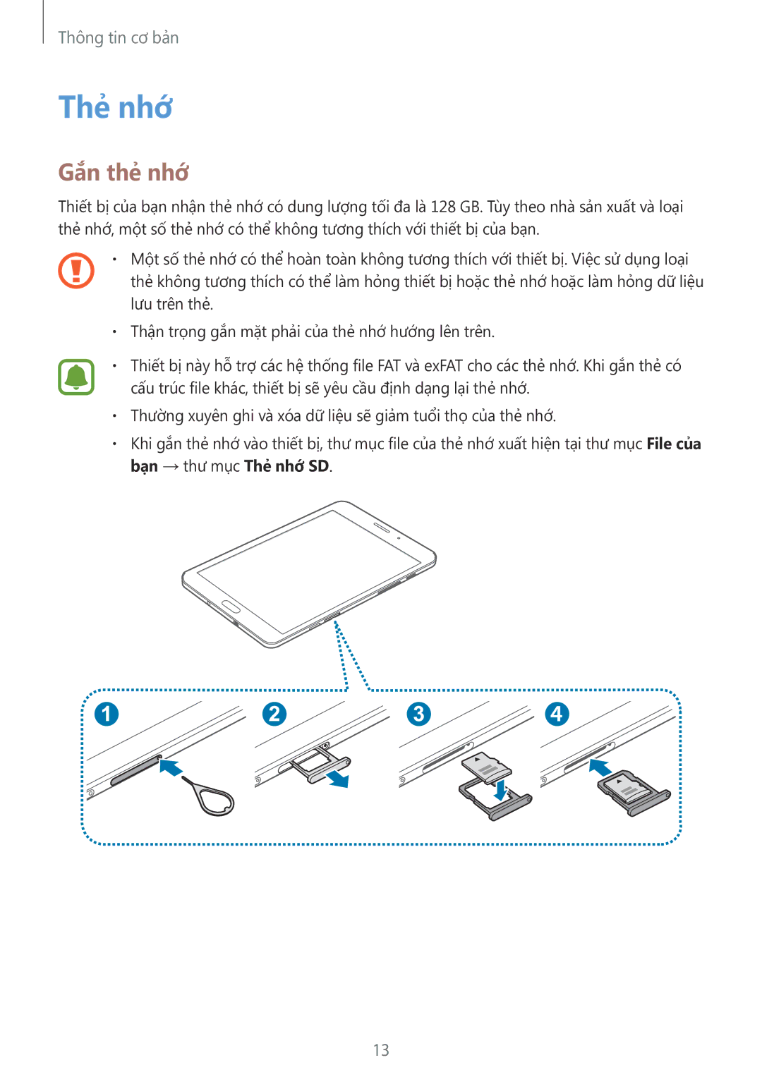 Samsung SM-T715YZDEXXV, SM-T715YZKEXXV, SM-T715YZWEXXV manual Thẻ nhớ, Gắn thẻ nhớ 