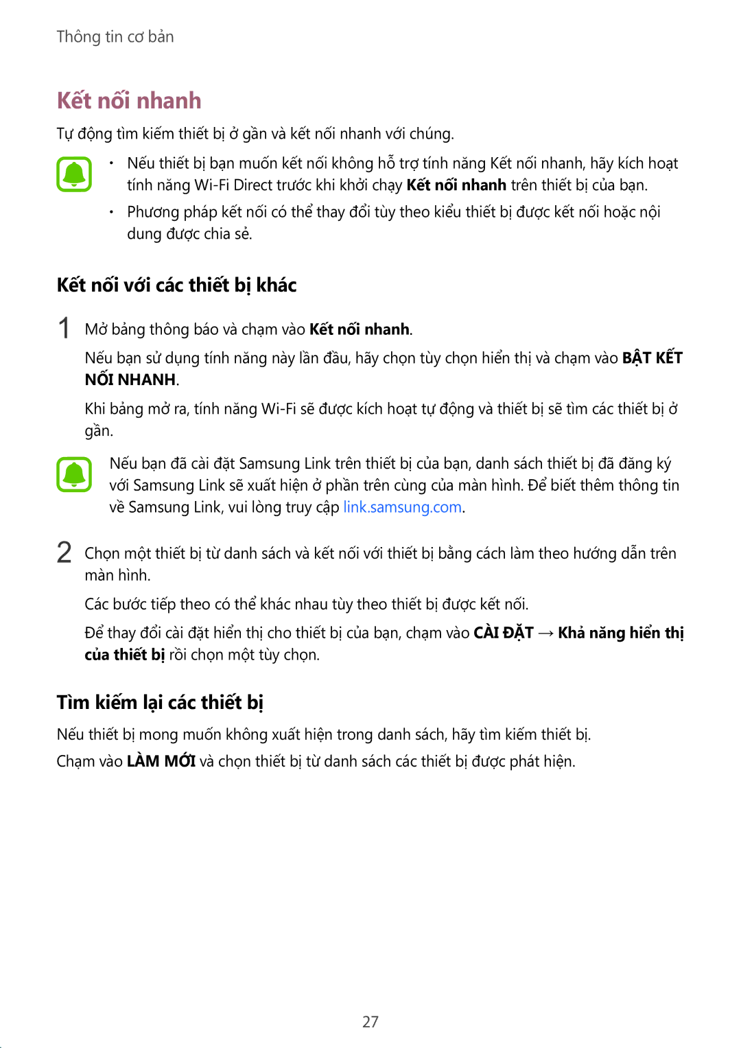 Samsung SM-T715YZKEXXV, SM-T715YZDEXXV manual Kết nối nhanh, Kết nối với các thiết bị khác, Tìm kiếm lại các thiết bị 