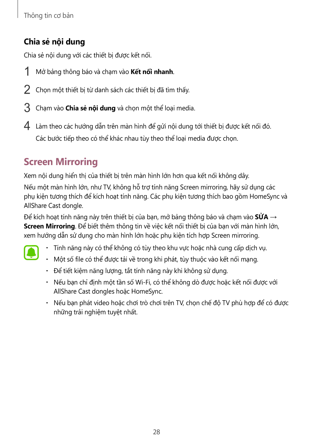 Samsung SM-T715YZDEXXV, SM-T715YZKEXXV, SM-T715YZWEXXV manual Screen Mirroring, Chia sẻ nội dung 