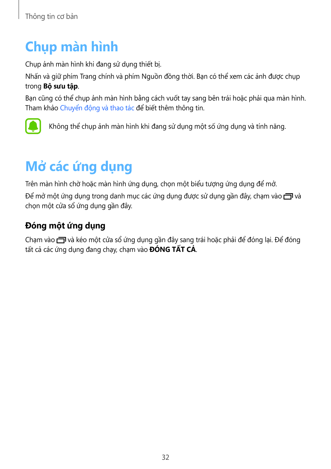 Samsung SM-T715YZWEXXV, SM-T715YZKEXXV, SM-T715YZDEXXV manual Chụp màn hình, Mở các ứng dụng, Đóng một ứng dụng 