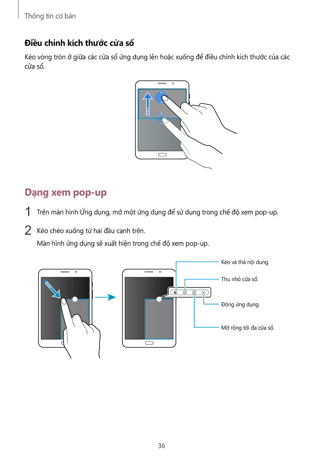 Samsung SM-T715YZKEXXV, SM-T715YZDEXXV, SM-T715YZWEXXV manual Dạng xem pop-up, Điều chỉnh kích thước cửa sổ 