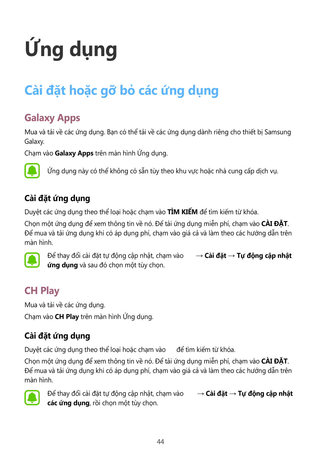 Samsung SM-T715YZWEXXV, SM-T715YZKEXXV manual Cài đặt hoặc gỡ bỏ các ứng dụng, Galaxy Apps, CH Play, Cài đặt ứng dụng 