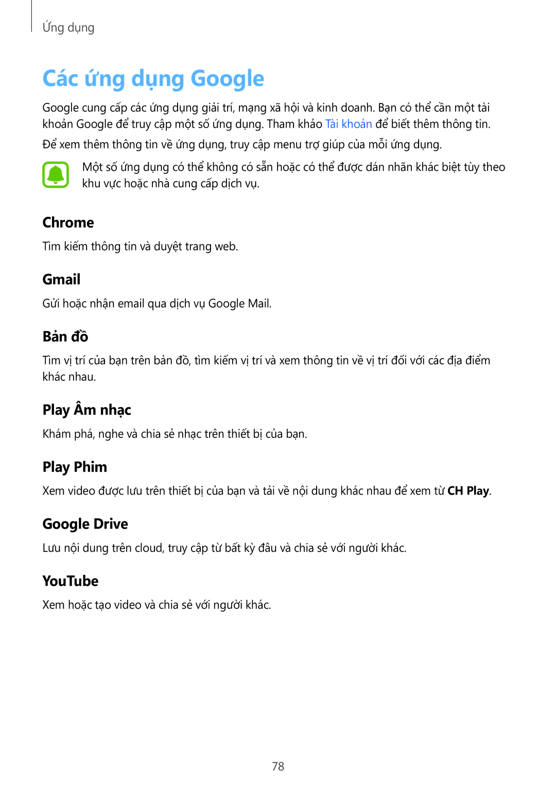 Samsung SM-T715YZKEXXV, SM-T715YZDEXXV, SM-T715YZWEXXV manual Các ứng dụng Google 