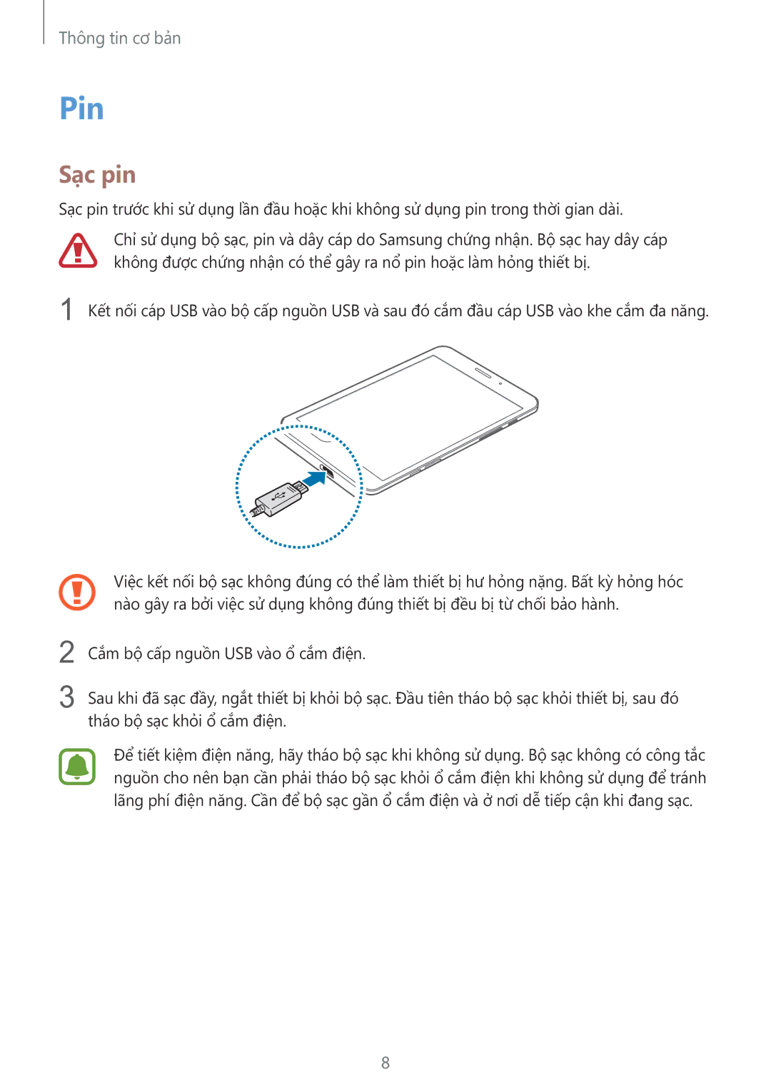 Samsung SM-T715YZWEXXV, SM-T715YZKEXXV, SM-T715YZDEXXV manual Pin, Sạc pin 