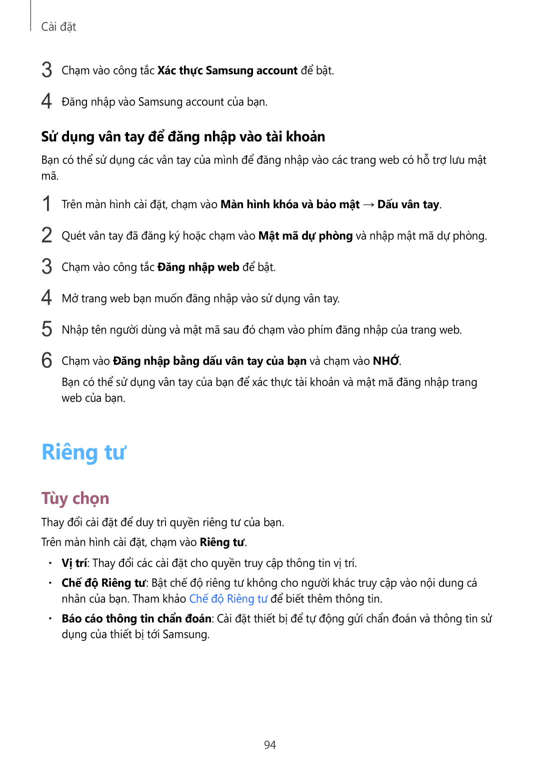 Samsung SM-T715YZDEXXV, SM-T715YZKEXXV, SM-T715YZWEXXV manual Riêng tư, Sử dụng vân tay để đăng nhập vào tài khoản 