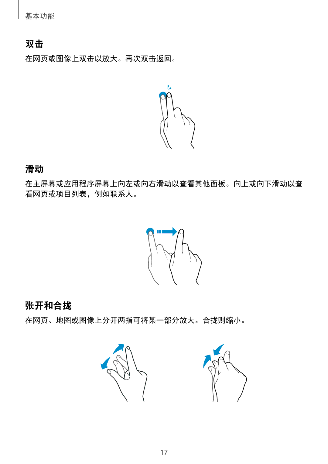 Samsung SM-T715YZWEXXV, SM-T715YZKEXXV, SM-T715YZDEXXV manual 张开和合拢, 在网页或图像上双击以放大。再次双击返回。, 在网页、地图或图像上分开两指可将某一部分放大。合拢则缩小。 