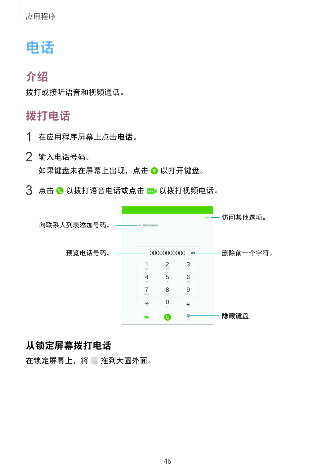 Samsung SM-T715YZDEXXV, SM-T715YZKEXXV, SM-T715YZWEXXV manual 从锁定屏幕拨打电话, 拨打或接听语音和视频通话。, 在锁定屏幕上，将 拖到大圆外面。 