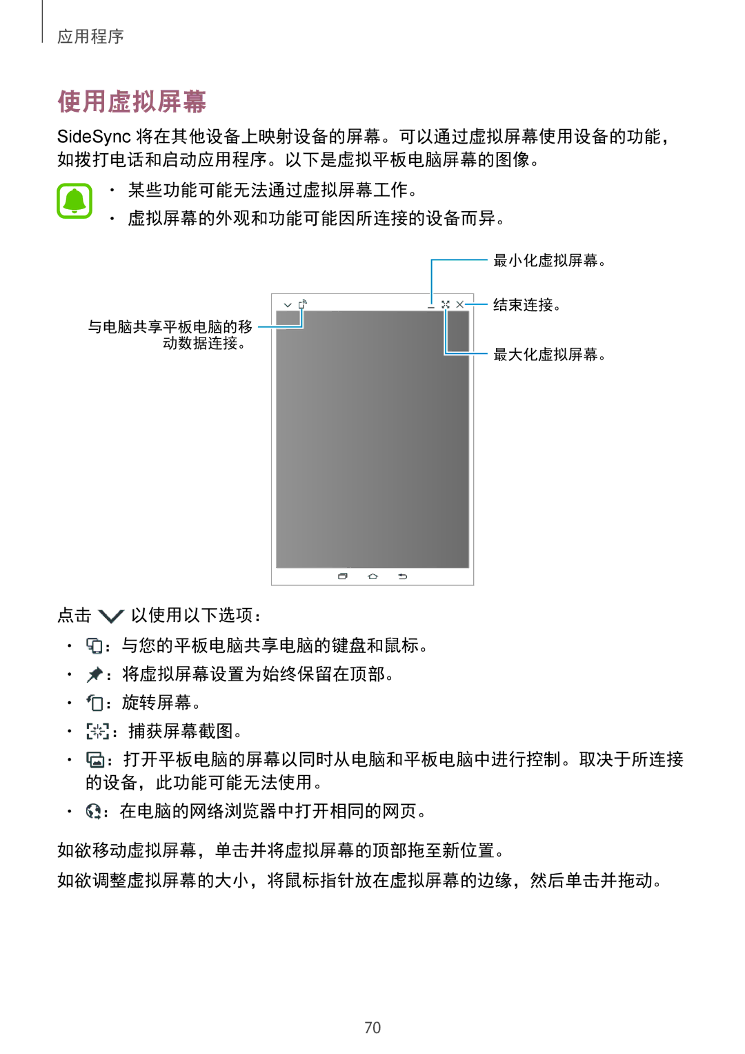 Samsung SM-T715YZDEXXV, SM-T715YZKEXXV, SM-T715YZWEXXV manual 使用虚拟屏幕, 某些功能可能无法通过虚拟屏幕工作。 虚拟屏幕的外观和功能可能因所连接的设备而异。 