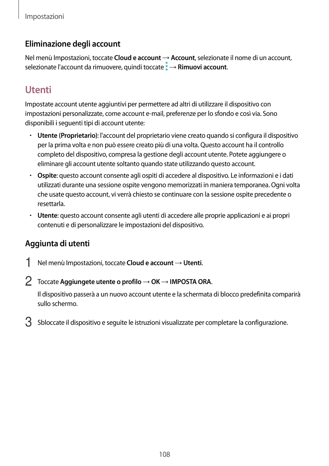 Samsung SM-T719NZDEITV, SM-T819NZKEITV, SM-T719NZKEITV manual Utenti, Eliminazione degli account, Aggiunta di utenti 