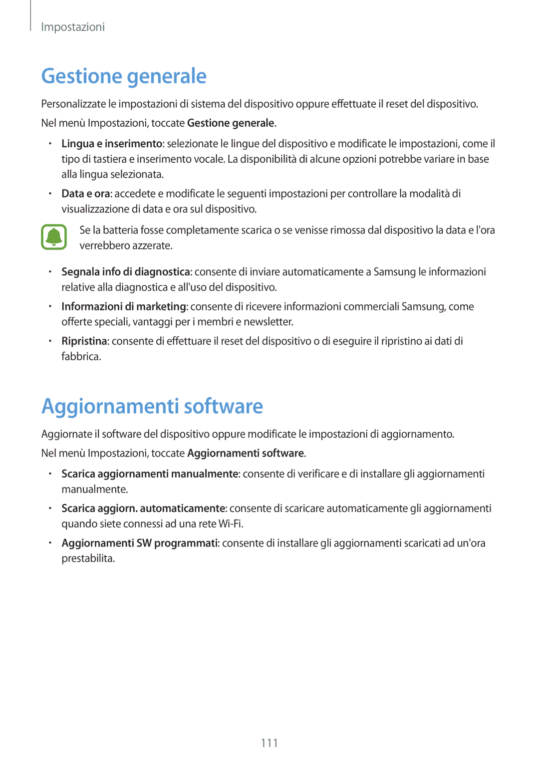 Samsung SM-T819NZDEITV, SM-T719NZDEITV, SM-T819NZKEITV, SM-T719NZKEITV manual Gestione generale, Aggiornamenti software 