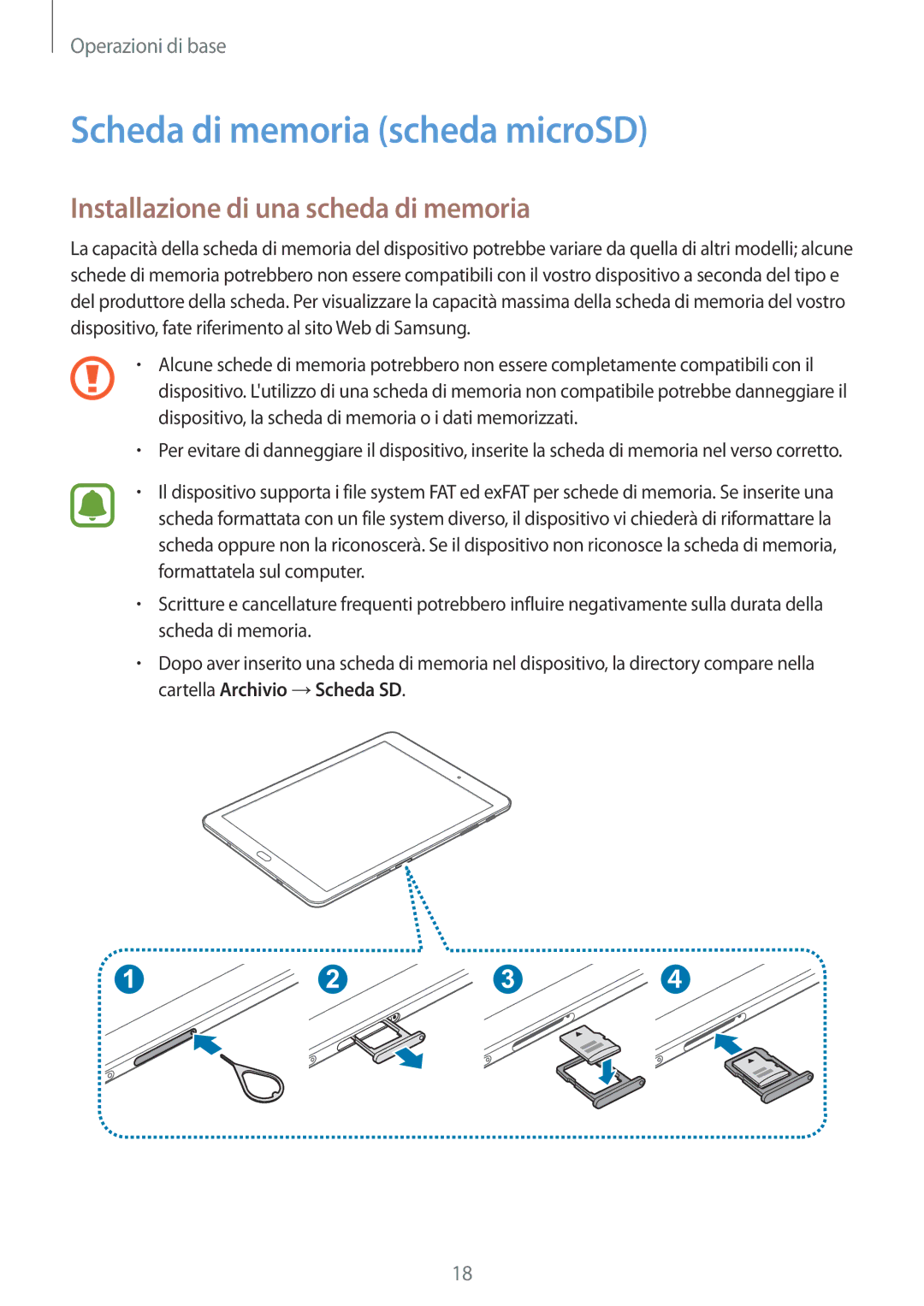 Samsung SM-T719NZKEITV, SM-T719NZDEITV manual Scheda di memoria scheda microSD, Installazione di una scheda di memoria 