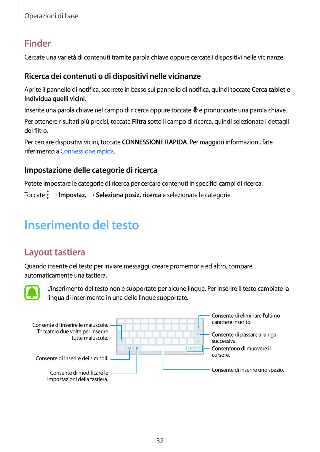 Samsung SM-T719NZDEITV manual Inserimento del testo, Finder, Layout tastiera, Impostazione delle categorie di ricerca 