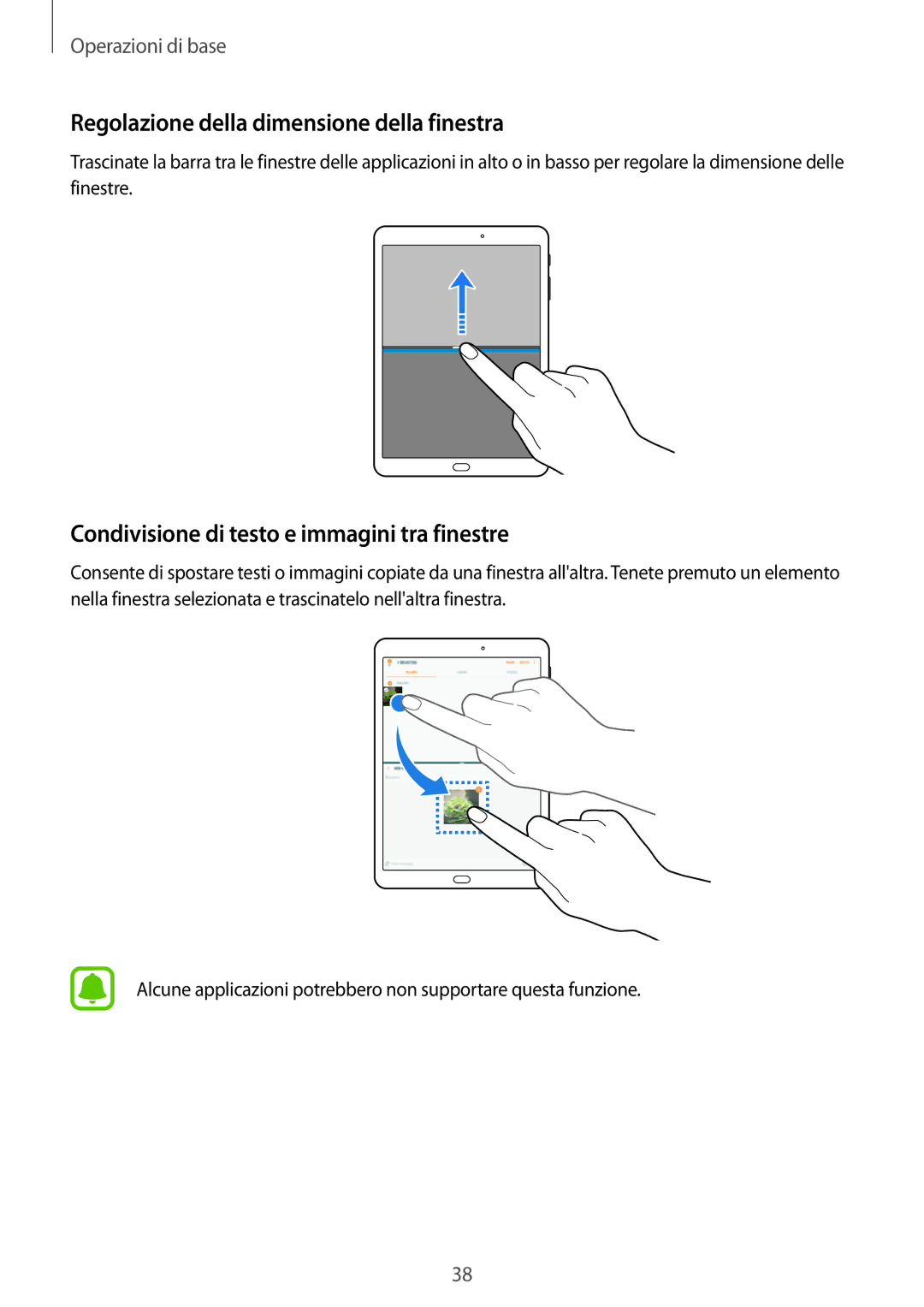 Samsung SM-T719NZKEITV manual Regolazione della dimensione della finestra, Condivisione di testo e immagini tra finestre 