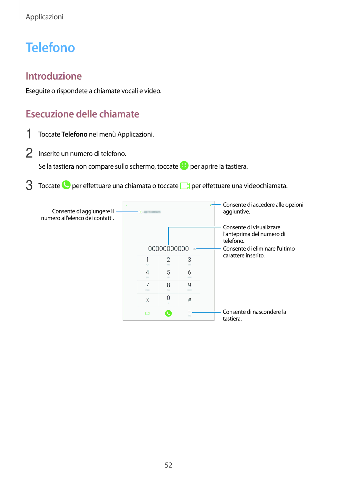 Samsung SM-T719NZDEITV, SM-T819NZKEITV, SM-T719NZKEITV, SM-T819NZDEITV manual Telefono, Esecuzione delle chiamate 