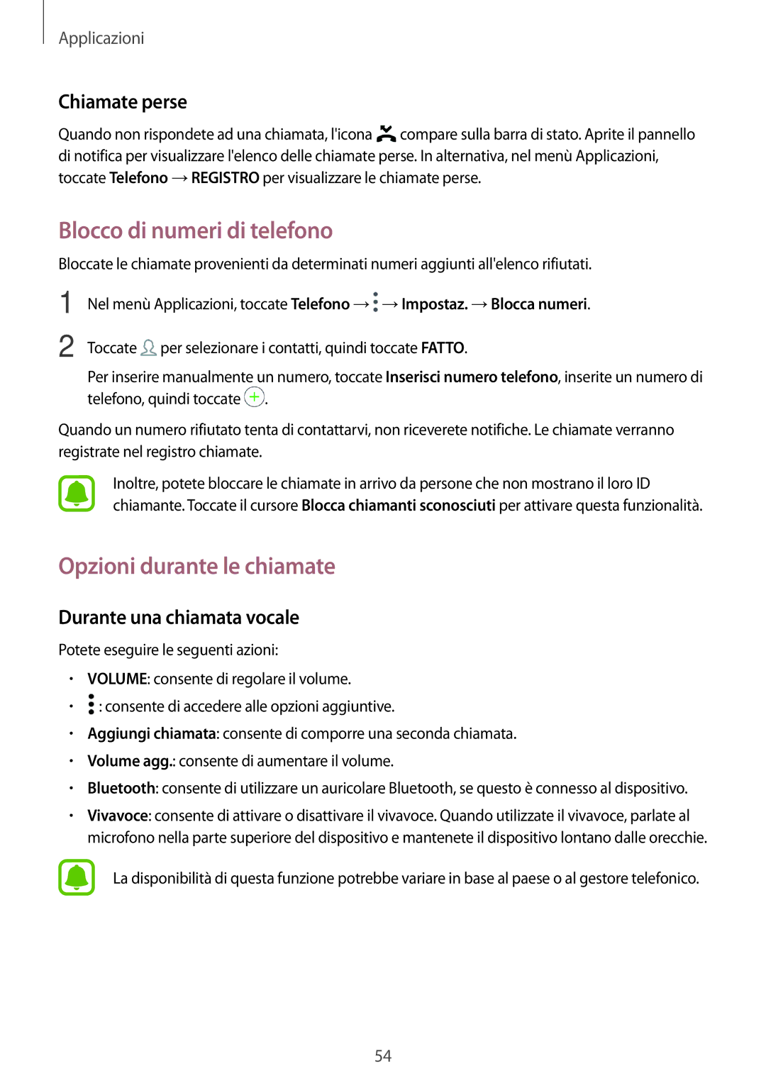 Samsung SM-T719NZKEITV, SM-T719NZDEITV manual Blocco di numeri di telefono, Opzioni durante le chiamate, Chiamate perse 