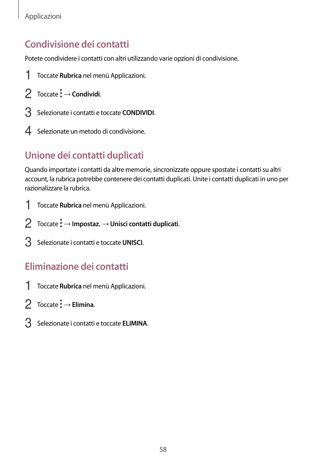 Samsung SM-T719NZKEITV, SM-T719NZDEITV Condivisione dei contatti, Unione dei contatti duplicati, Eliminazione dei contatti 