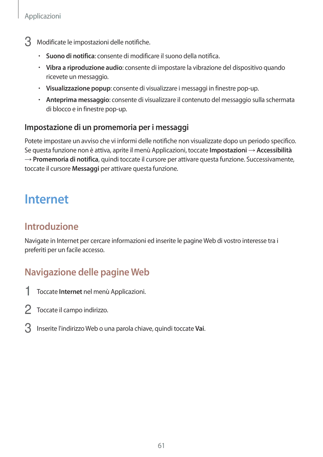 Samsung SM-T819NZKEITV manual Internet, Navigazione delle pagine Web, Impostazione di un promemoria per i messaggi 