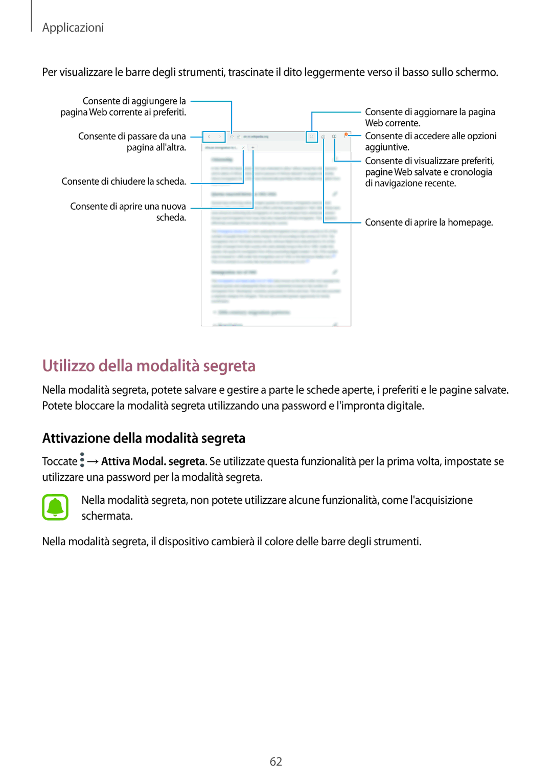 Samsung SM-T719NZKEITV, SM-T719NZDEITV, SM-T819NZKEITV Utilizzo della modalità segreta, Attivazione della modalità segreta 