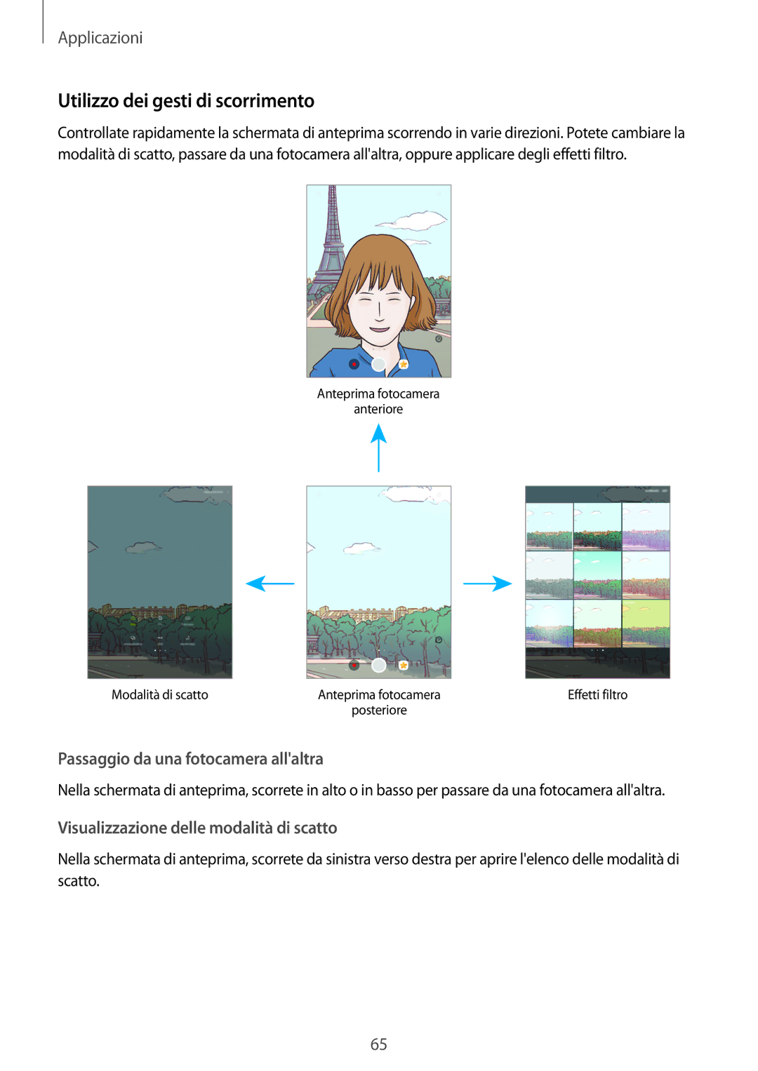 Samsung SM-T819NZKEITV, SM-T719NZDEITV manual Utilizzo dei gesti di scorrimento, Passaggio da una fotocamera allaltra 