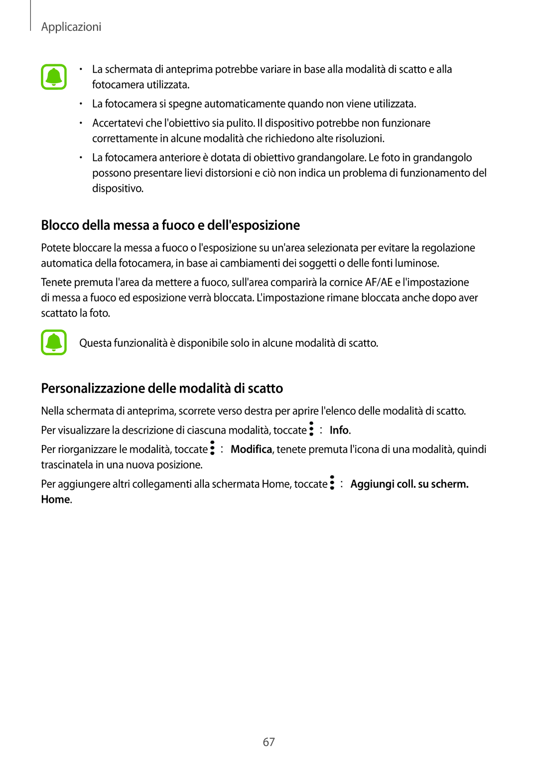 Samsung SM-T819NZDEITV manual Blocco della messa a fuoco e dellesposizione, Personalizzazione delle modalità di scatto 