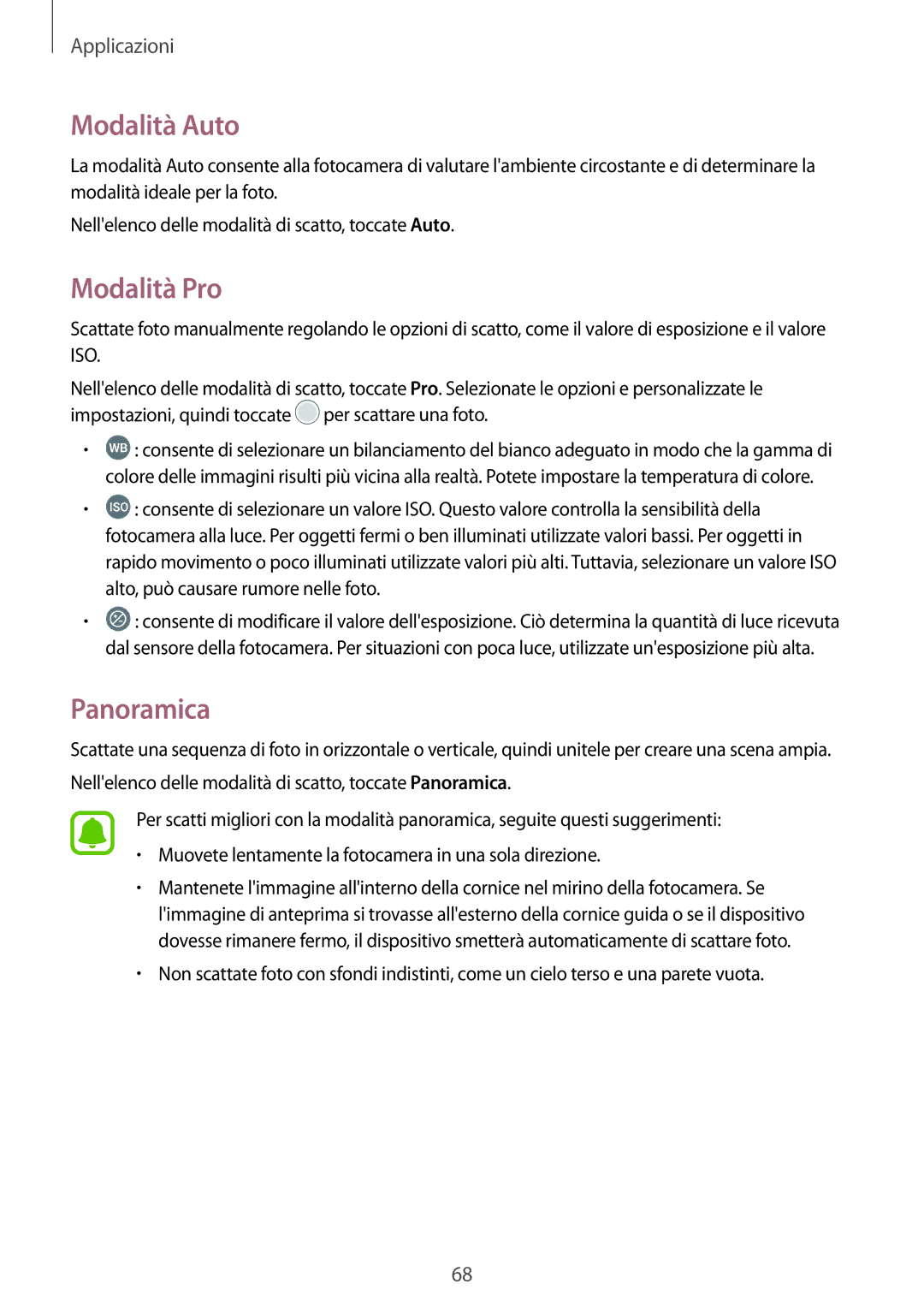 Samsung SM-T719NZDEITV, SM-T819NZKEITV, SM-T719NZKEITV, SM-T819NZDEITV manual Modalità Auto, Modalità Pro, Panoramica 