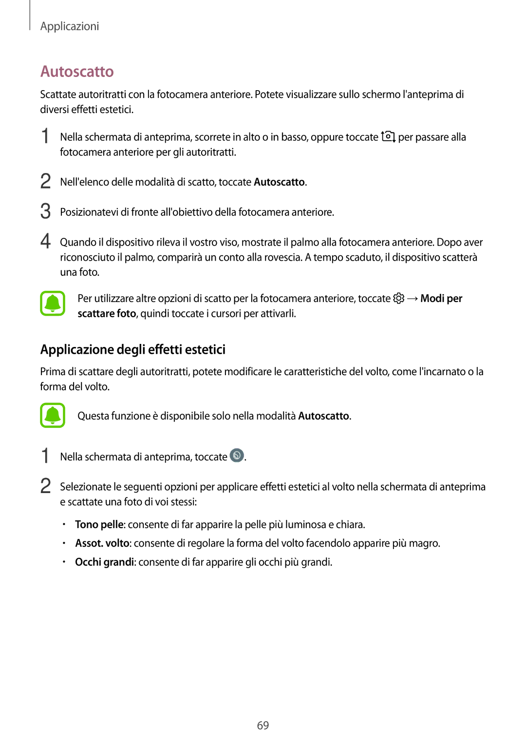 Samsung SM-T819NZKEITV, SM-T719NZDEITV, SM-T719NZKEITV, SM-T819NZDEITV manual Autoscatto, Applicazione degli effetti estetici 