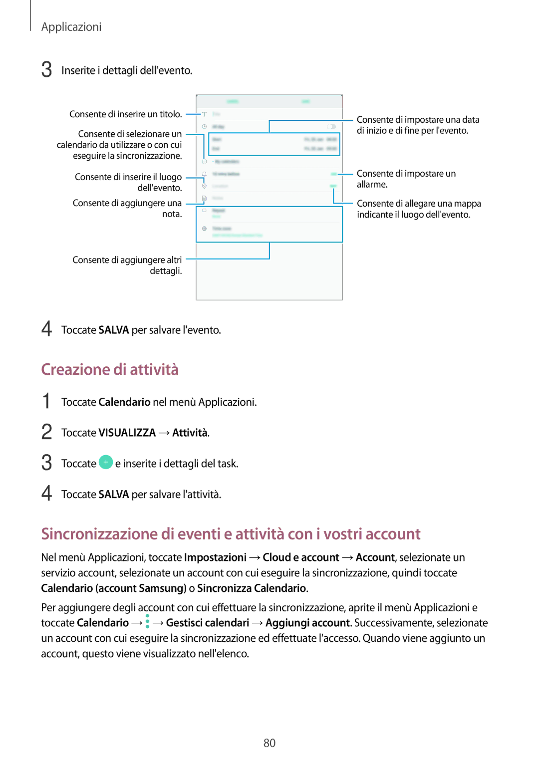 Samsung SM-T719NZDEITV, SM-T819NZKEITV Creazione di attività, Sincronizzazione di eventi e attività con i vostri account 