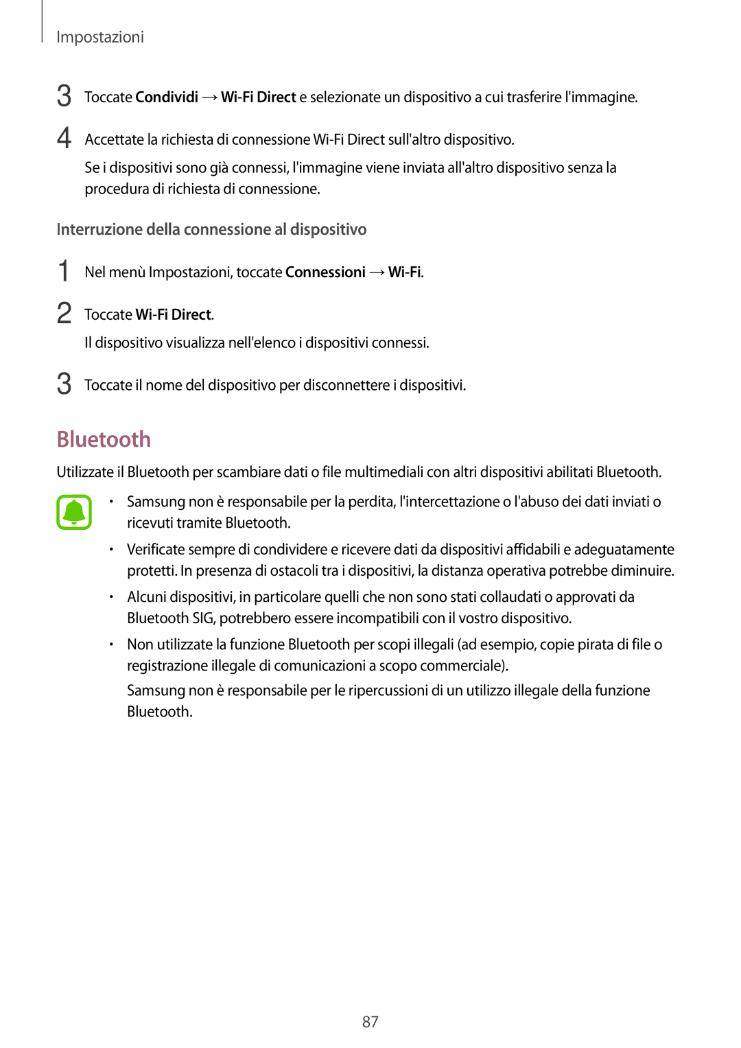 Samsung SM-T819NZDEITV, SM-T719NZDEITV, SM-T819NZKEITV manual Bluetooth, Interruzione della connessione al dispositivo 