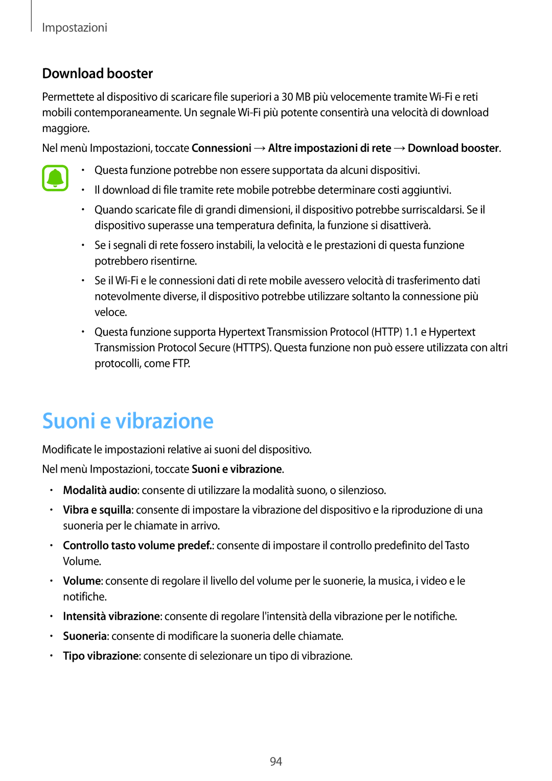 Samsung SM-T719NZKEITV, SM-T719NZDEITV, SM-T819NZKEITV, SM-T819NZDEITV manual Suoni e vibrazione, Download booster 