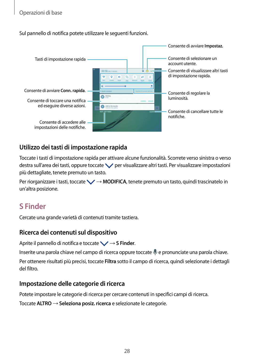 Samsung SM-T719NZDEITV manual Finder, Utilizzo dei tasti di impostazione rapida, Ricerca dei contenuti sul dispositivo 