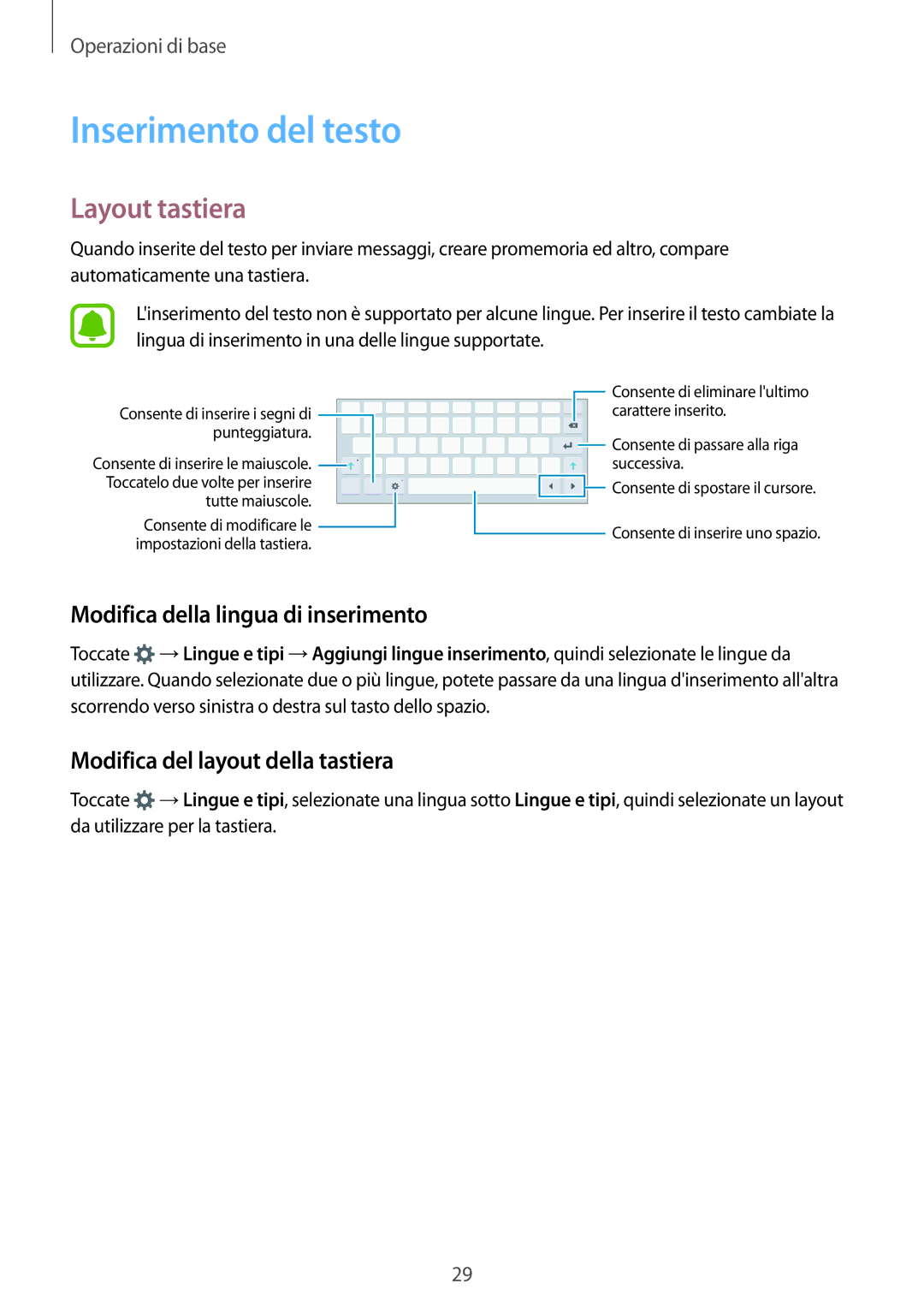 Samsung SM-T819NZKEITV, SM-T719NZDEITV manual Inserimento del testo, Layout tastiera, Modifica della lingua di inserimento 