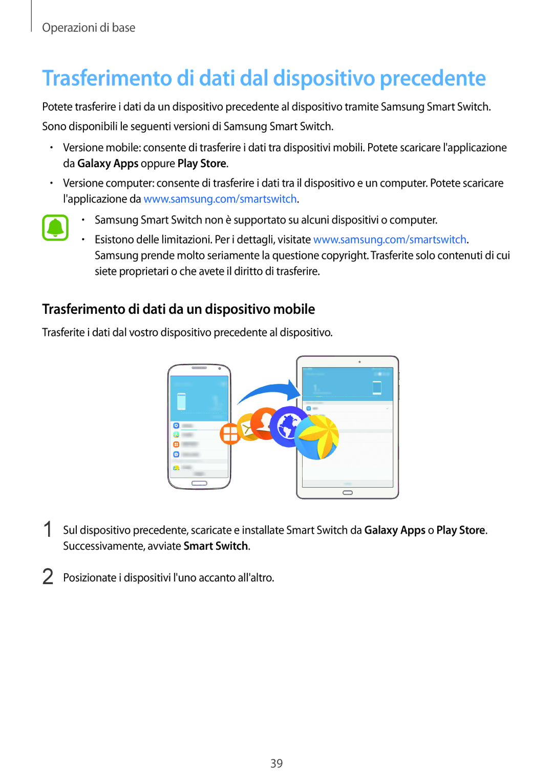 Samsung SM-T819NZDEITV Trasferimento di dati dal dispositivo precedente, Trasferimento di dati da un dispositivo mobile 