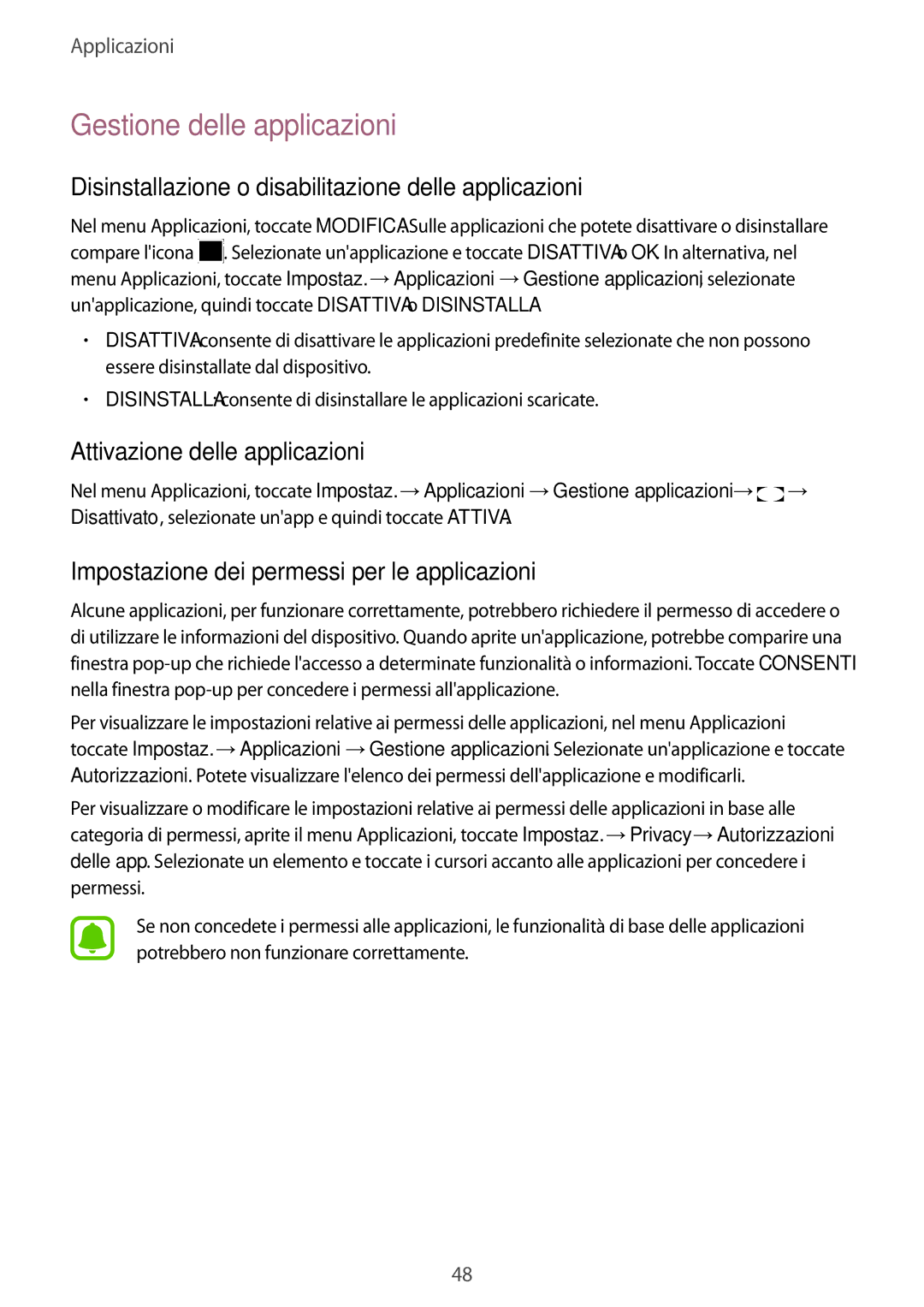 Samsung SM-T719NZDEITV, SM-T819NZKEITV Gestione delle applicazioni, Disinstallazione o disabilitazione delle applicazioni 