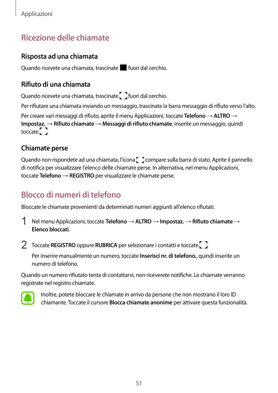 Samsung SM-T819NZDEITV Ricezione delle chiamate, Blocco di numeri di telefono, Risposta ad una chiamata, Chiamate perse 