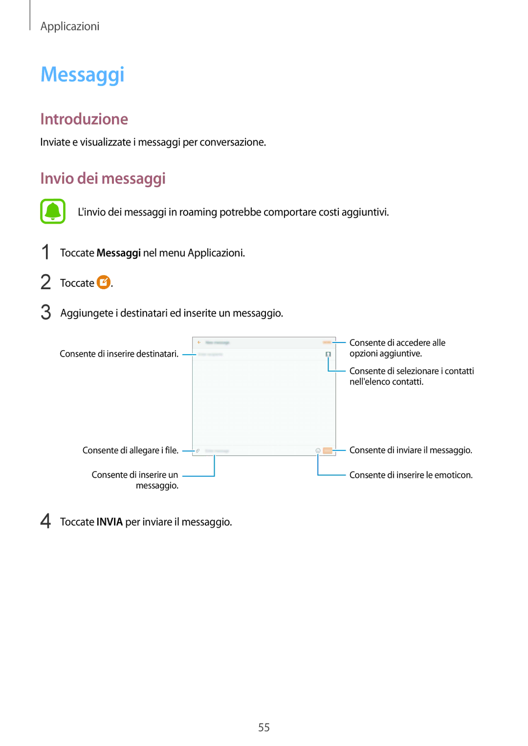 Samsung SM-T819NZDEITV, SM-T719NZDEITV, SM-T819NZKEITV, SM-T719NZKEITV manual Messaggi, Invio dei messaggi 