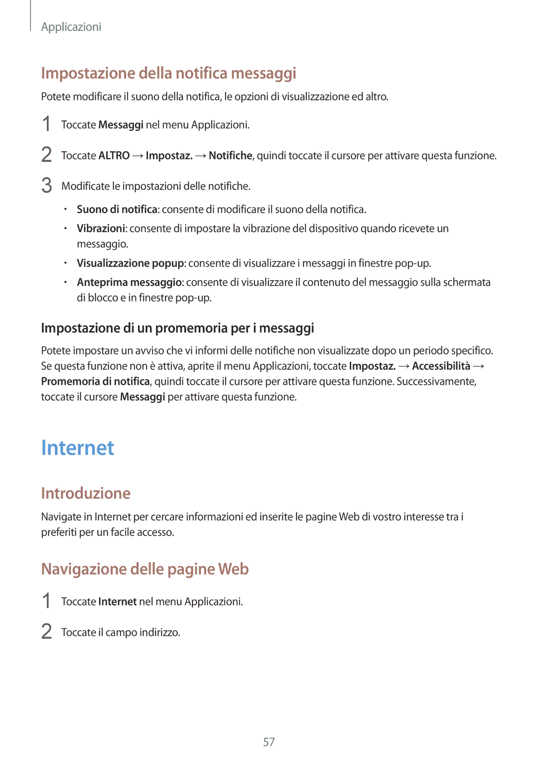 Samsung SM-T819NZKEITV, SM-T719NZDEITV manual Internet, Impostazione della notifica messaggi, Navigazione delle pagine Web 