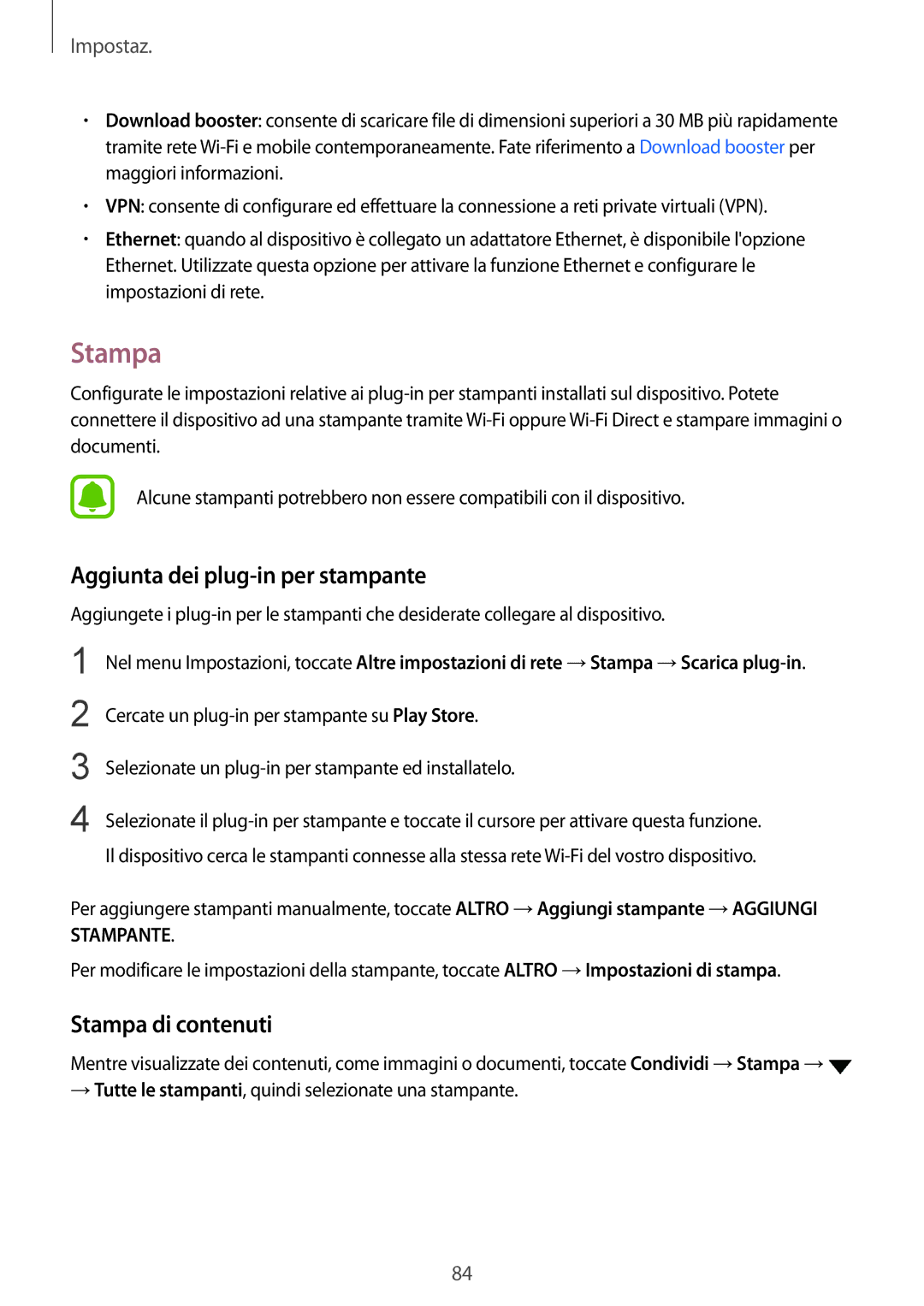 Samsung SM-T719NZDEITV, SM-T819NZKEITV, SM-T719NZKEITV manual Aggiunta dei plug-in per stampante, Stampa di contenuti 