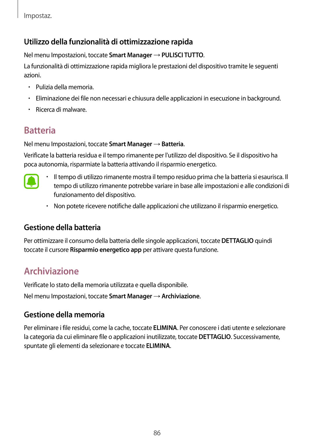 Samsung SM-T719NZKEITV, SM-T719NZDEITV manual Batteria, Archiviazione, Utilizzo della funzionalità di ottimizzazione rapida 