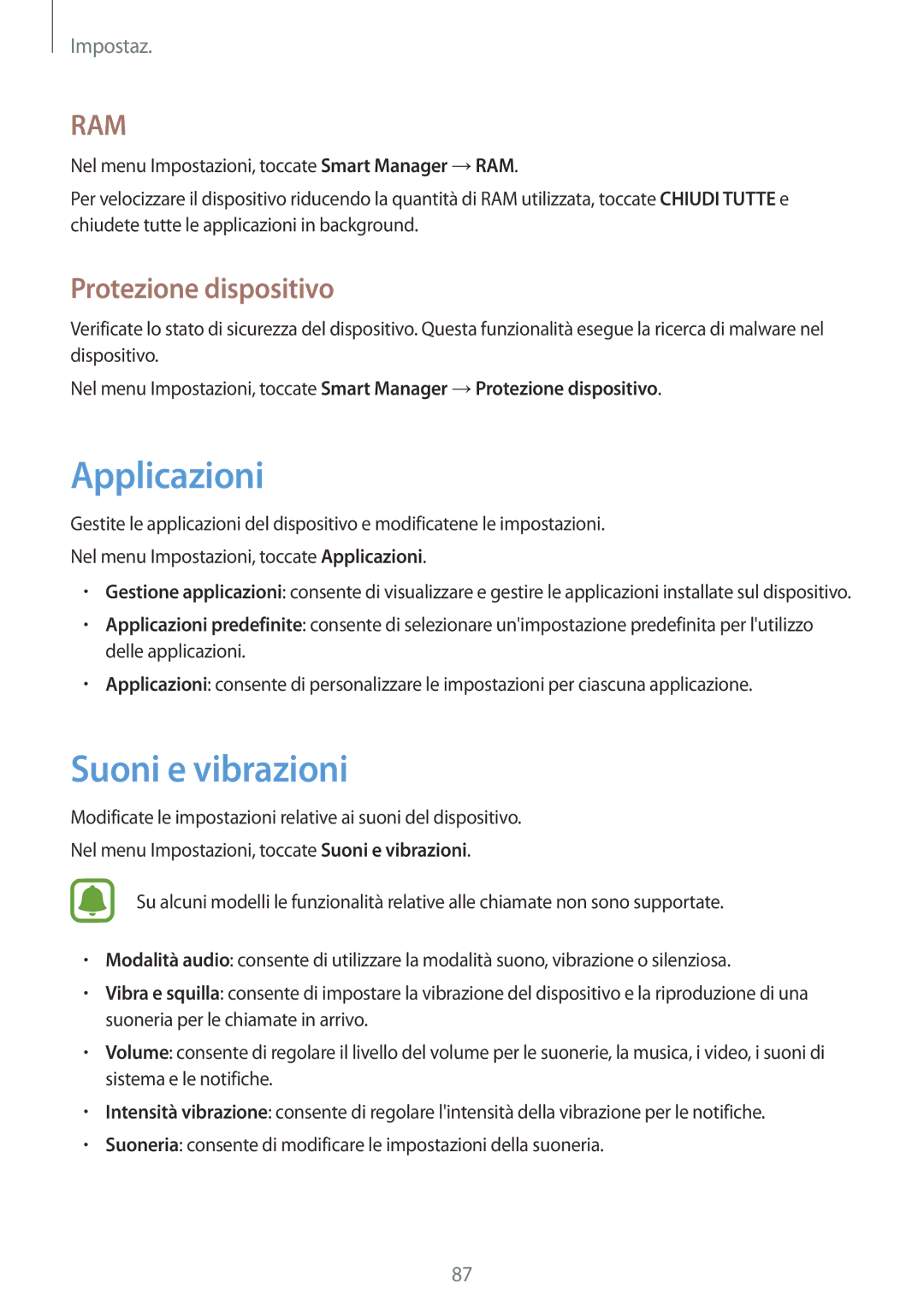 Samsung SM-T819NZDEITV, SM-T719NZDEITV, SM-T819NZKEITV manual Applicazioni, Suoni e vibrazioni, Protezione dispositivo 