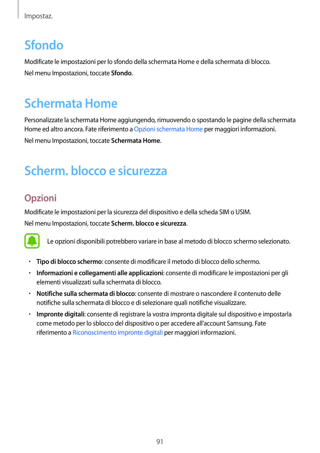 Samsung SM-T819NZDEITV, SM-T719NZDEITV, SM-T819NZKEITV, SM-T719NZKEITV manual Sfondo, Scherm. blocco e sicurezza 