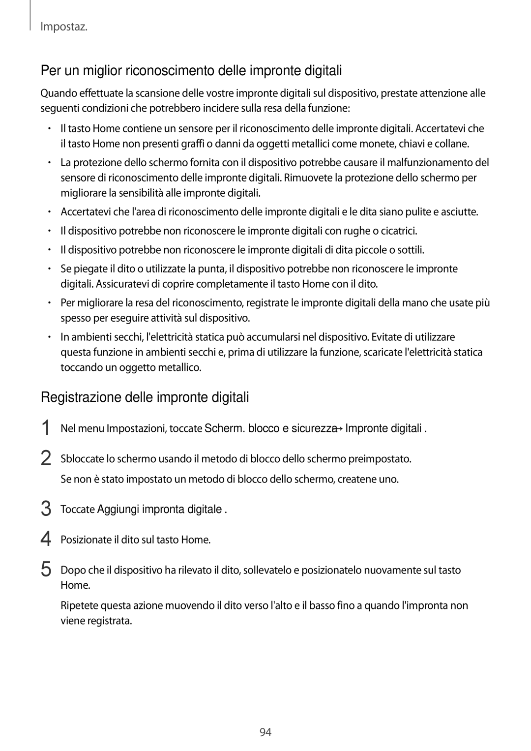 Samsung SM-T719NZKEITV manual Per un miglior riconoscimento delle impronte digitali, Registrazione delle impronte digitali 