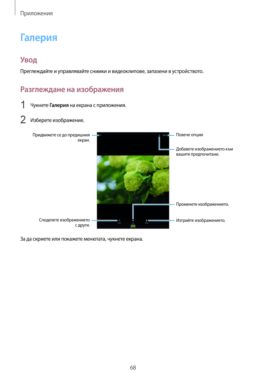 Samsung SM-T719NZKEBGL manual Галерия, Разглеждане на изображения, За да скриете или покажете менютата, чукнете екрана 