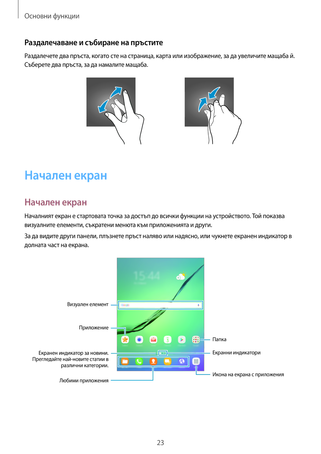 Samsung SM-T819NZKEBGL, SM-T719NZKEBGL manual Начален екран, Раздалечаване и събиране на пръстите 